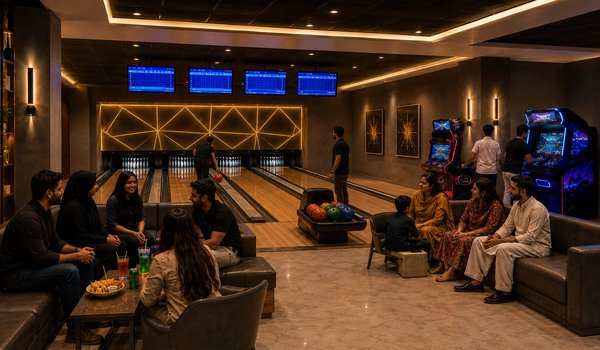 The bowling floor with arcade machines and lounge seating alongside